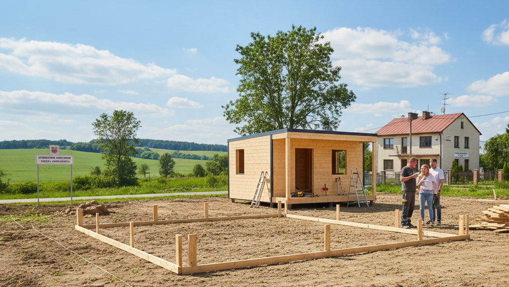 Obraz przedstawia realistyczną scenę na słonecznej działce budowlanej, skupiającą się na początkowym etapie budowy małego domku letniskowego