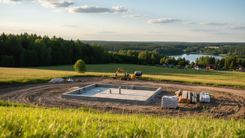 Obraz przedstawia scenę budowy na tle malowniczego, sielskiego krajobrazu, utrzymaną w ciepłych barwach zachodzącego słońca lub późnego popołudnia