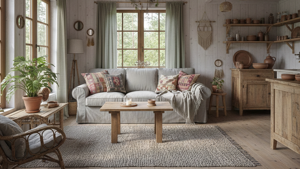 Obraz przedstawia jasne i przytulne wnętrze domku letniskowego, urządzone w stylu łączącym elementy rustykalne, skandynawskie i boho, co doskonale oddaje koncepcje opisane w tekście