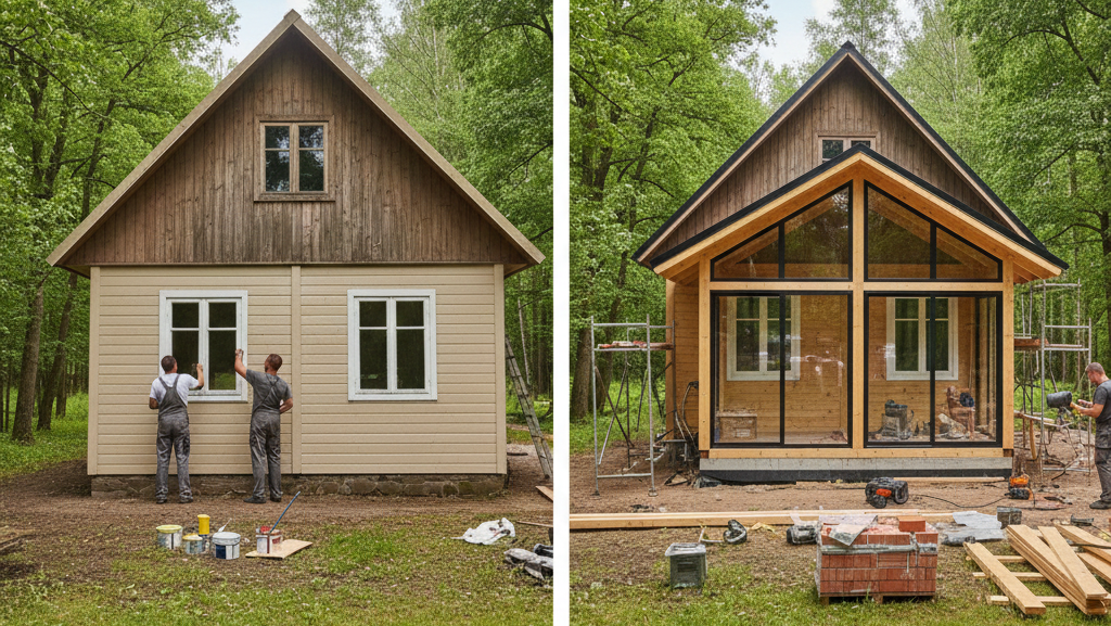 Obraz przedstawia realistyczną scenerię, która wizualnie oddaje dylemat między prostym remontem a rozbudową domku letniskowego