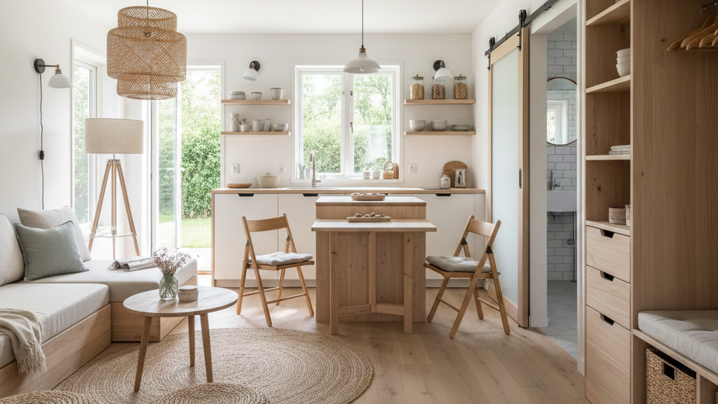 Obraz przedstawia jasne, otwarte i funkcjonalne wnętrze utrzymane w naturalnym, skandynawskim lub boho stylu