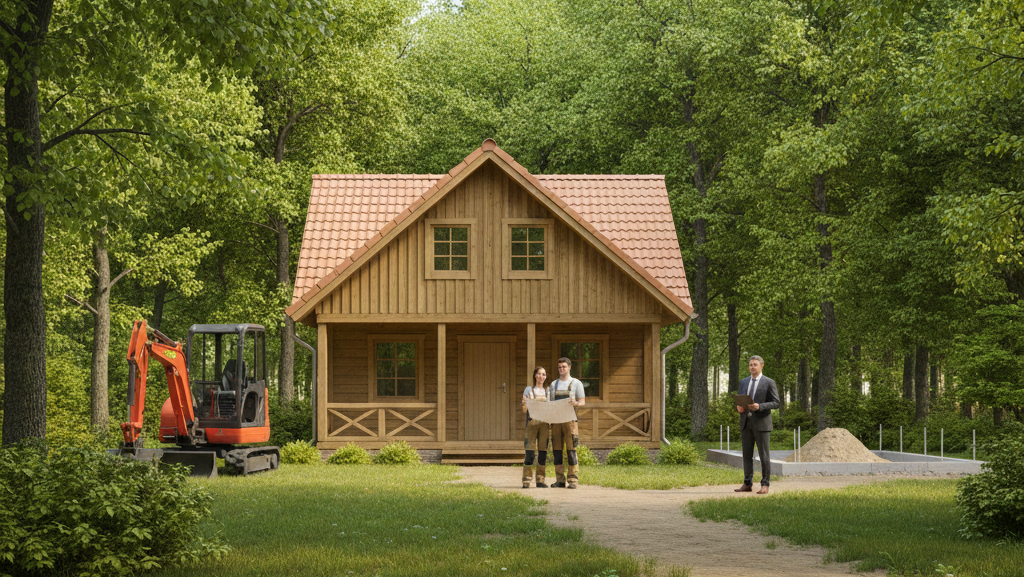 Obraz przedstawia realistyczną scenę przed drewnianym domkiem letniskowym, położonym na zielonej, trawiastej działce otoczonej gęstym lasem liściastym