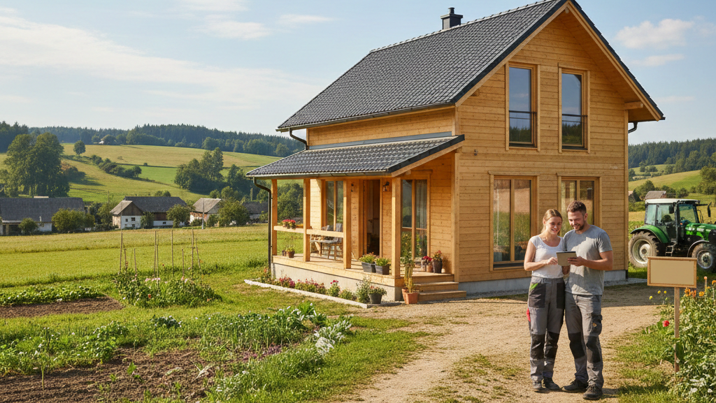 Obraz przedstawia nowy, drewniany domek letniskowy usytuowany na przestronnym, słonecznym obszarze wiejskim