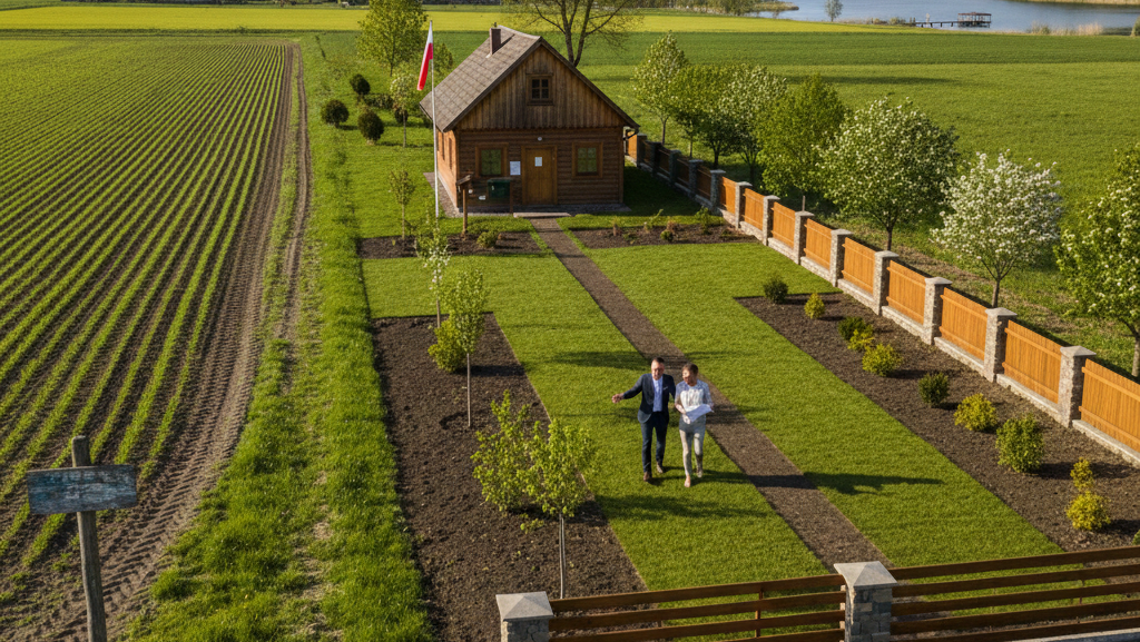 Obraz przedstawia realistyczną scenę, będącą połączeniem sielskiego krajobrazu rolniczego i zagospodarowanej działki rekreacyjnej, co bezpośrednio nawiązuje do procesu zmiany przeznaczenia gruntu